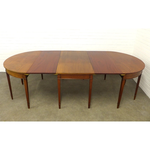 287 - 19th century mahogany D-end dining table, with two extra leaves and brass clips, raised on square ta... 