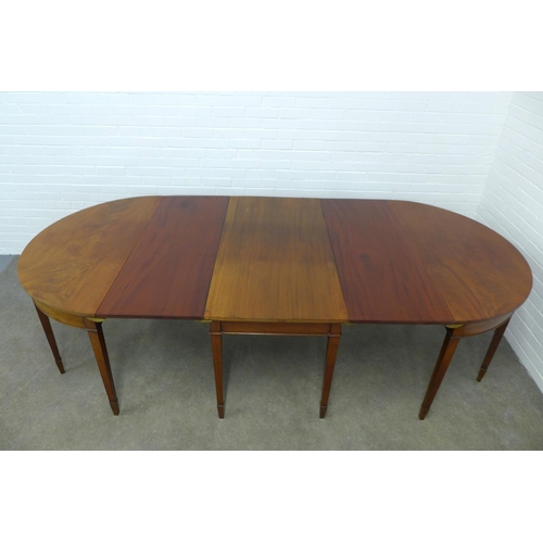 287 - 19th century mahogany D-end dining table, with two extra leaves and brass clips, raised on square ta... 