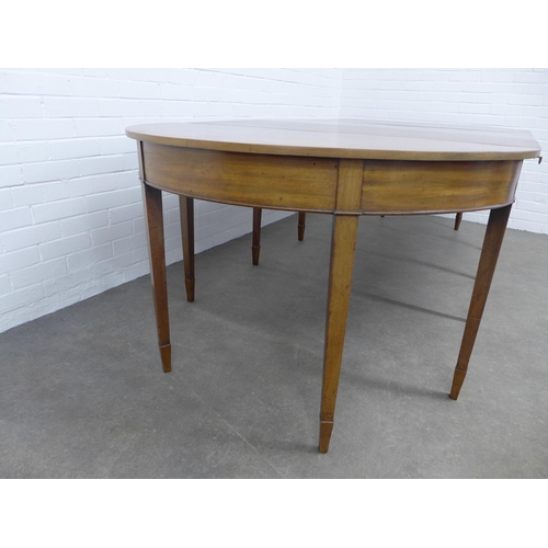 287 - 19th century mahogany D-end dining table, with two extra leaves and brass clips, raised on square ta... 