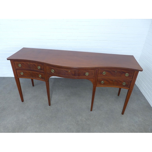 288 - Mahogany & satin inlaid serpentine sideboard, long proportions, with five drawers and raised on squa... 