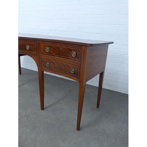 288 - Mahogany & satin inlaid serpentine sideboard, long proportions, with five drawers and raised on squa... 