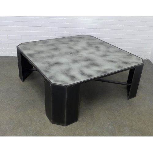 293 - Large metal coffee table, glass square top with canted edges 120 x 46cm.