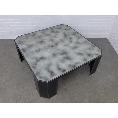 293 - Large metal coffee table, glass square top with canted edges 120 x 46cm.