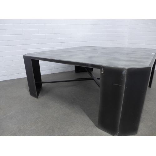 293 - Large metal coffee table, glass square top with canted edges 120 x 46cm.