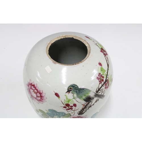 326 - Chinese famille rose ginger jar with bird and flowers, 27cm (cover lacking)