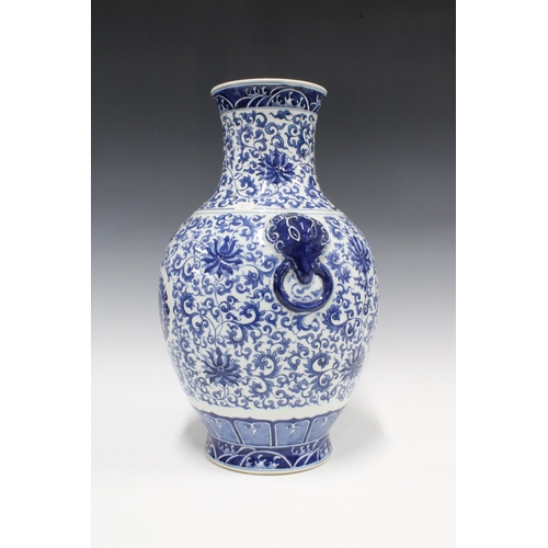 333 - Chinese blue and white baluster vase, ring handles to side and allover foliate pattern with shou mot... 