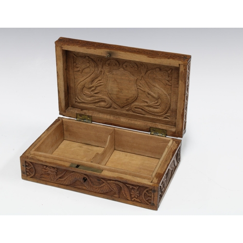 340 - Chinese fruitwood box with carved dragon pattern,  21 x 13cm