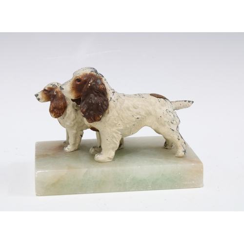 341 - Early 20th century group of two cold painted spelter spaniel figures on a hardstone base, 9cm