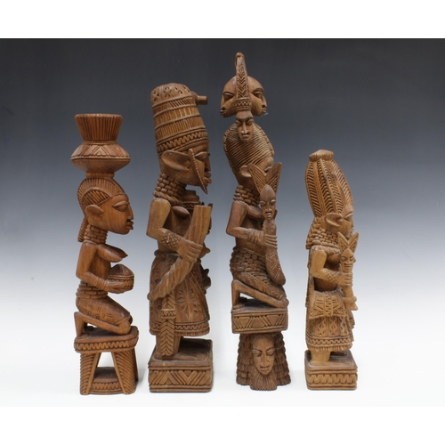 379 - Four Nigerian carved wood figures, three signed Gani Fakeye and the other A. Fakeye, tallest 51cm (4... 