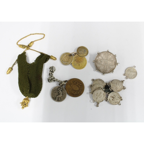 38 - George III 1796 Spade half Guinea pendant and other coin jewellery and a small purse