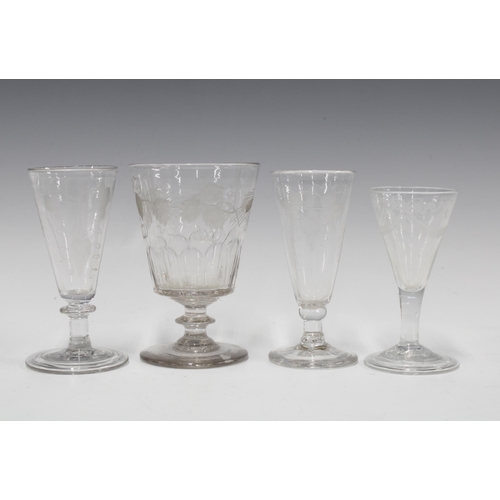 381 - Four 18th century wine glasses, etched patterns include fruit and vine, wheatsheaf and ribbon garlan... 