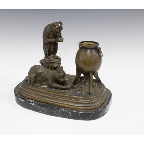 383 - After Bonheur, a bronze group with cat, monkey and a three leg cauldron pot, on a hardstone base, 28... 