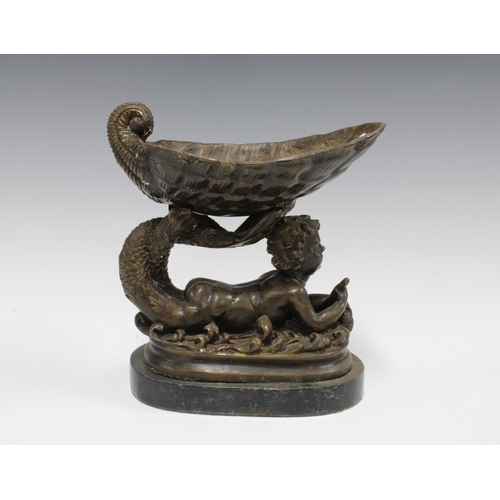 386 - Bronze shell and cherub comport on an oval hardstone base, 21cm high