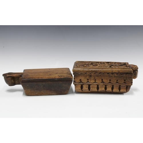 388 - Carved wooden spice box, rectangular form with a swing lid, 27 x 14cm and another of plain form (2)
