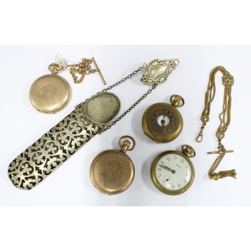 39 - Four gold plated pocket watches, watch chains and a white metal spectacles case