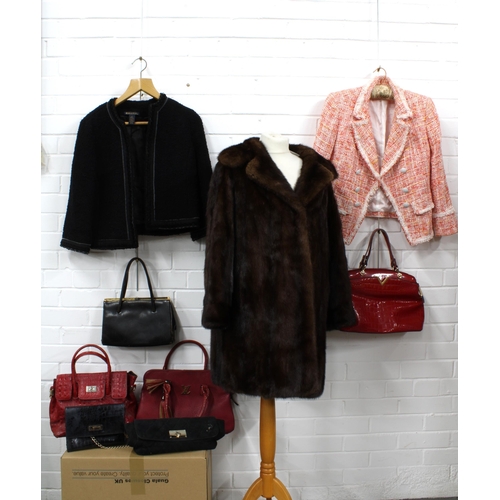 408 - Vintage fur coat, together with two jackets and a collection of fashion handbags (a lot)