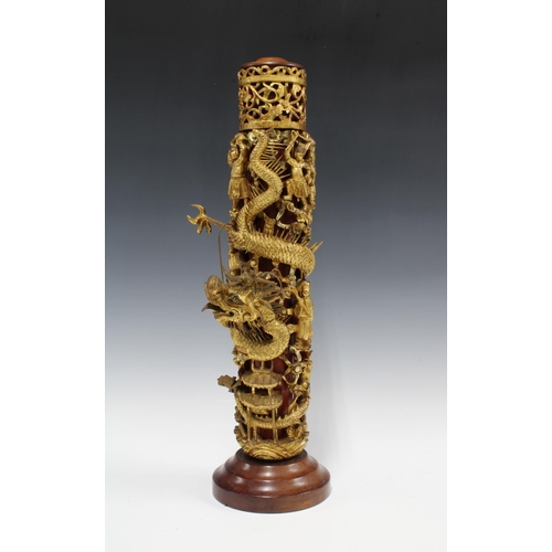 409 - Chinoiserie giltwood dragon lamp, with wooden travel case 26 x 75cm