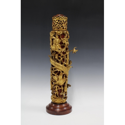 409 - Chinoiserie giltwood dragon lamp, with wooden travel case 26 x 75cm