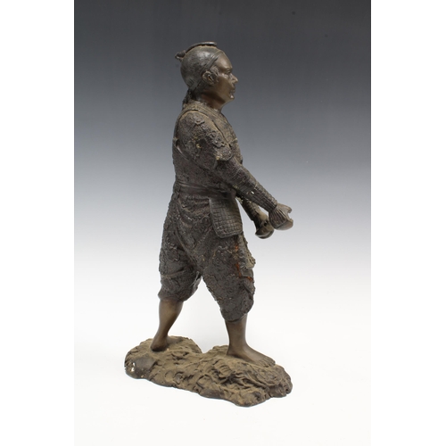 415 - Bronze figure of a Warrior swordsman, missing the sword, 39cm