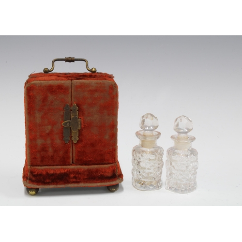 421 - Pair of cut glass scent bottles with stoppers, within a velvet and mirror lined case, circa late 19t... 