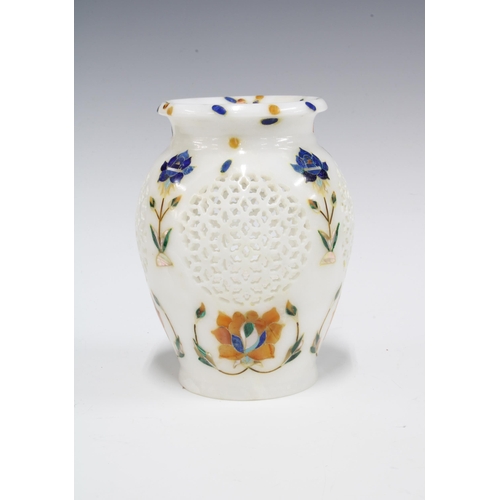 426 - Indian white marble baluster vase with reticulated panels and inlaid with coloured hardstones, 13cm ... 