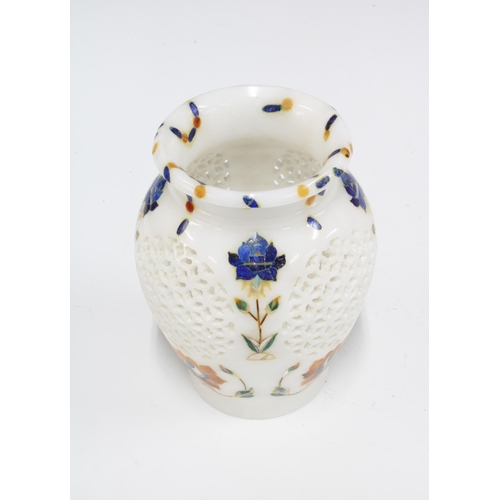 426 - Indian white marble baluster vase with reticulated panels and inlaid with coloured hardstones, 13cm ... 