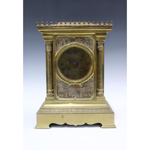 428 - Achille Brocot,  late 19th / early 20th century brass mantle clock, in an architectural case with pi... 