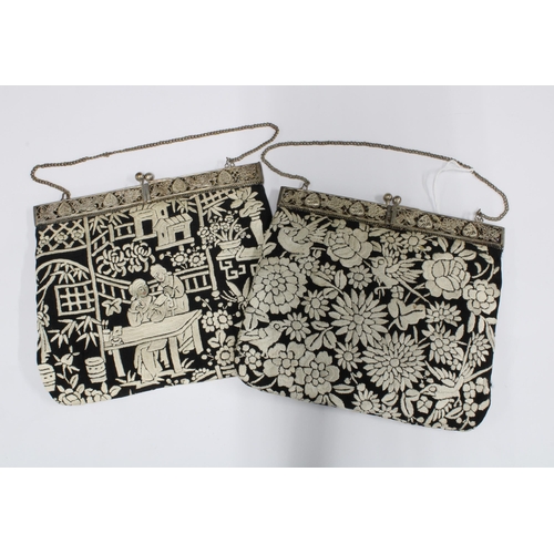 431 - Two early 20th century needlework embroidered bags, each with a folding white metal cantle, (2)