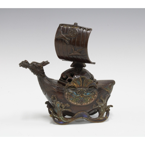 432 - Bronze and enamel dragon ship censor, the detachable cover modelled as a sail, 16cm high