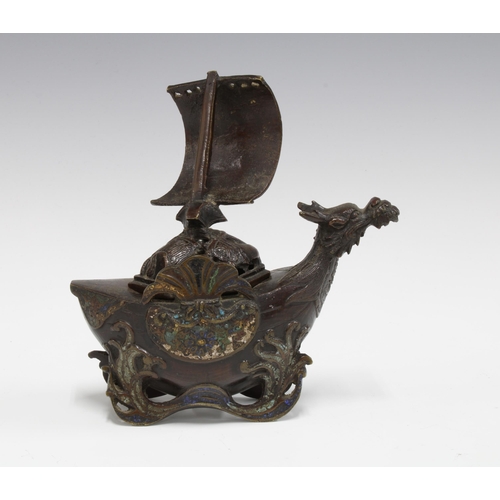 432 - Bronze and enamel dragon ship censor, the detachable cover modelled as a sail, 16cm high