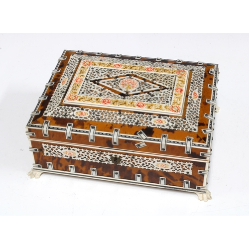 433 - Faux ivory and tortoiseshell jewellery box, hinged lid and lift out tray, on four claw feet, 21 x 16... 