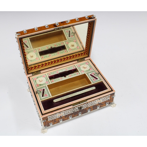 433 - Faux ivory and tortoiseshell jewellery box, hinged lid and lift out tray, on four claw feet, 21 x 16... 