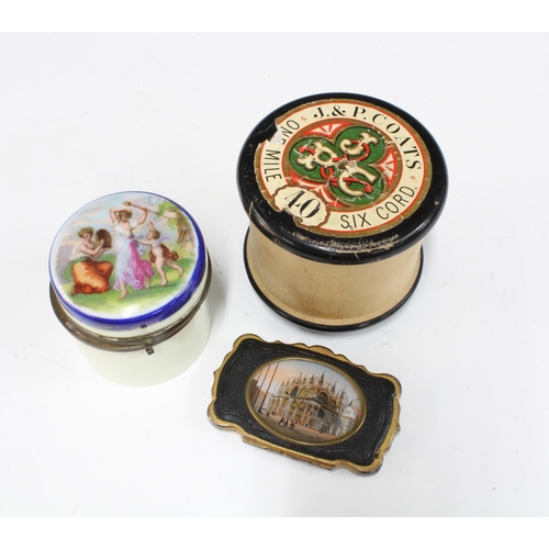 437 - Victoria porcelain jar, hinged cover with transfer printed pattern, a French gilt metal purse and a ... 