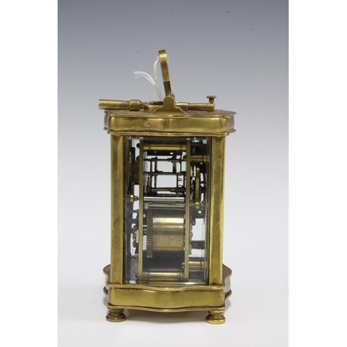 441 - Brass and glass panelled repeating carriage clock, with key, 15cm including handle