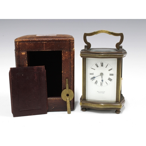 443 - Brass and glass cased carriage clock, the enamelled dial inscribed De la Cour Chatham, with leather ... 