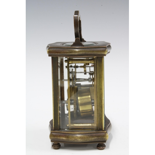 443 - Brass and glass cased carriage clock, the enamelled dial inscribed De la Cour Chatham, with leather ... 