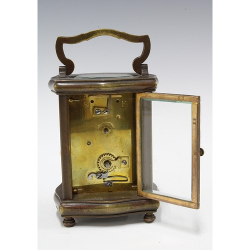 443 - Brass and glass cased carriage clock, the enamelled dial inscribed De la Cour Chatham, with leather ... 