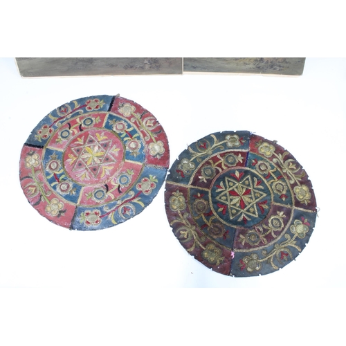 446 - Two leather embroidered circular panels, 36cm diameter, and a pair of 19th century Scottish watercol... 