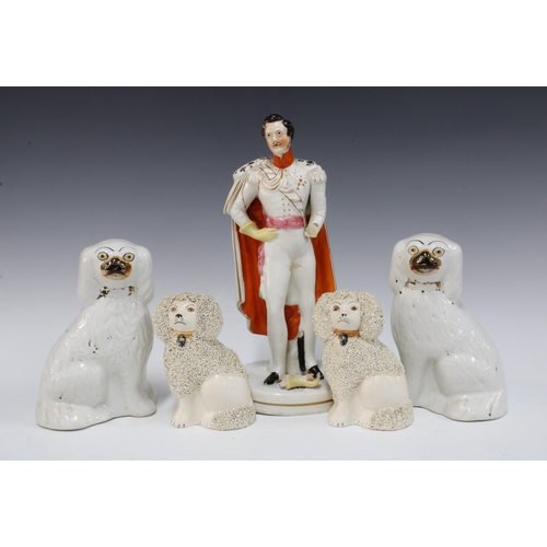 448 - Four Staffordshire spaniels and poodles, taller 16cm, together with a figure, a/f (5)