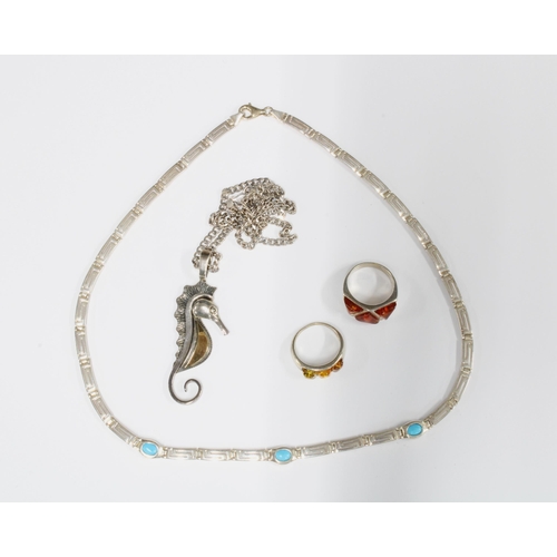 49 - Silver jewellery to include a seahorse pendant on chain, silver necklace with turquoise cabochons an... 