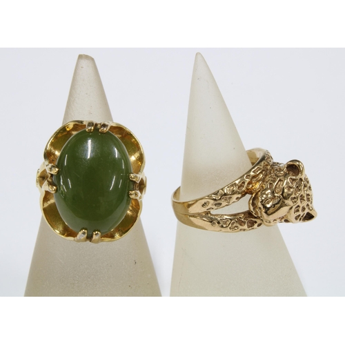 54 - 9ct gold leopard ring size L, gold-filled dress ring with green cabochon size L and an early 20th ce... 