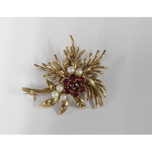 56 - 9ct gold ruby and pearl floral spray brooch, stamped 375