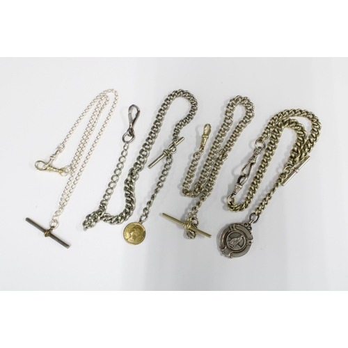 7 - A collection of silver and white metal  Albert watch chains, Sterling silver fob medallion and T-bar... 
