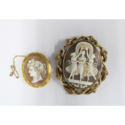 76 - 9ct gold framed shell cameo brooch together with a larger shell cameo of three classical figures wit... 