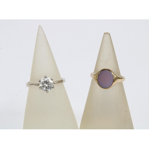 78 - 9ct gold pinkie ring with an oval hardstone plaque, Birmingham 1933 together with a silver paste set... 