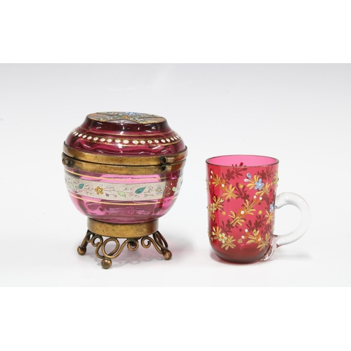 87 - Bohemian enamelled cranberry glass trinket pot with lid and gilt metal fittings, 8cm, together with ... 