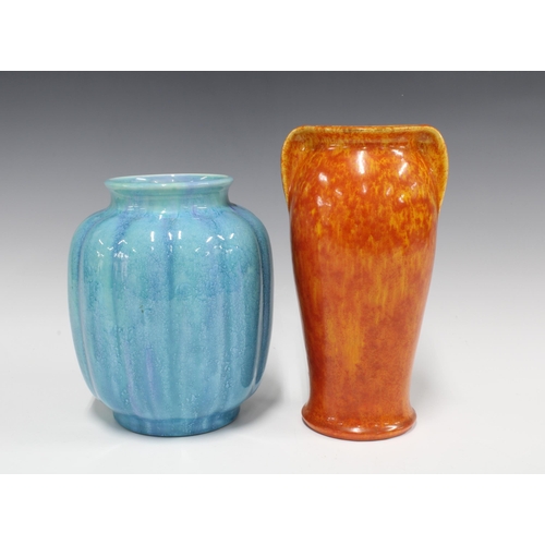 96 - Pilkingtons Royal Lancastrian vase of pumpkin form, mottled blue glaze, impressed marks and number 3... 