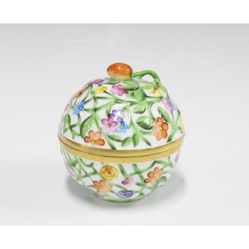 98 - Herend floral decorated porcelain trinket pot, the cover with a strawberry finial, 9cm