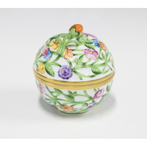 98 - Herend floral decorated porcelain trinket pot, the cover with a strawberry finial, 9cm