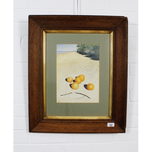 106 - STEPHEN KELLY (SCOTTISH) ORANGES ON THE BEACH, mixed media on paper, signed with initials, framed un... 